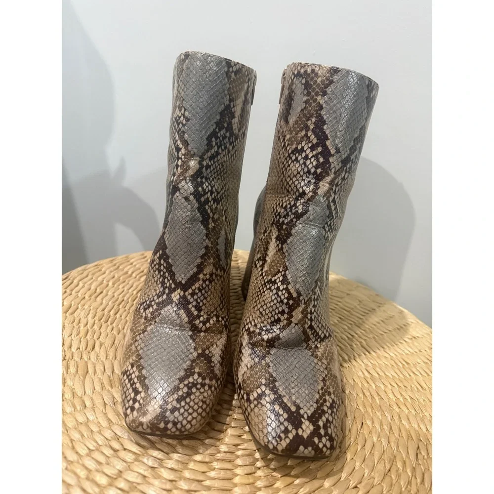 Bamboo Snake Print Ankle Boots Block Heel Women's Fashion Booties Size 10
